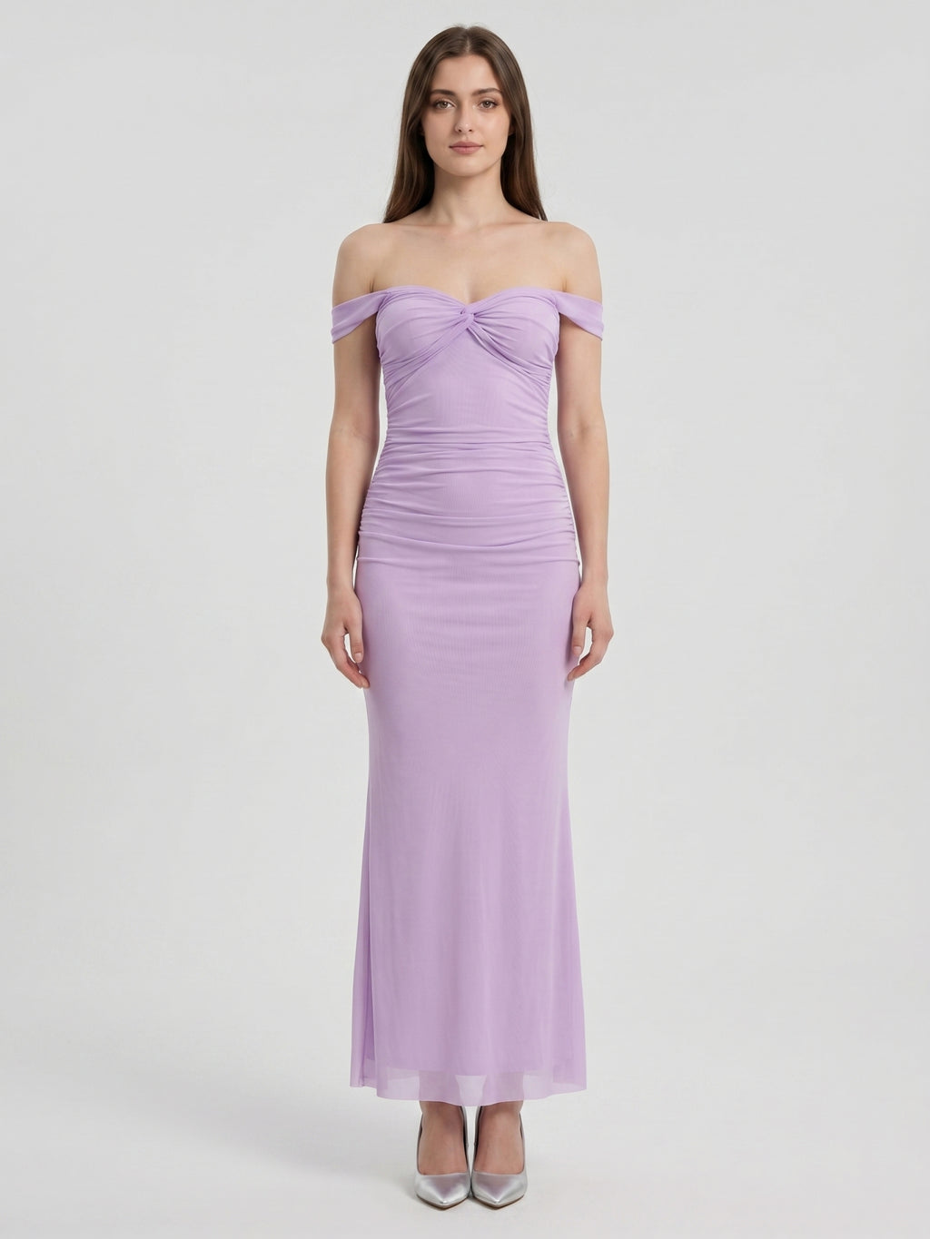 Lilac Stretch Knit Column Off-the-Shoulder Lace-up Floor-Length Bridesmaid Dress