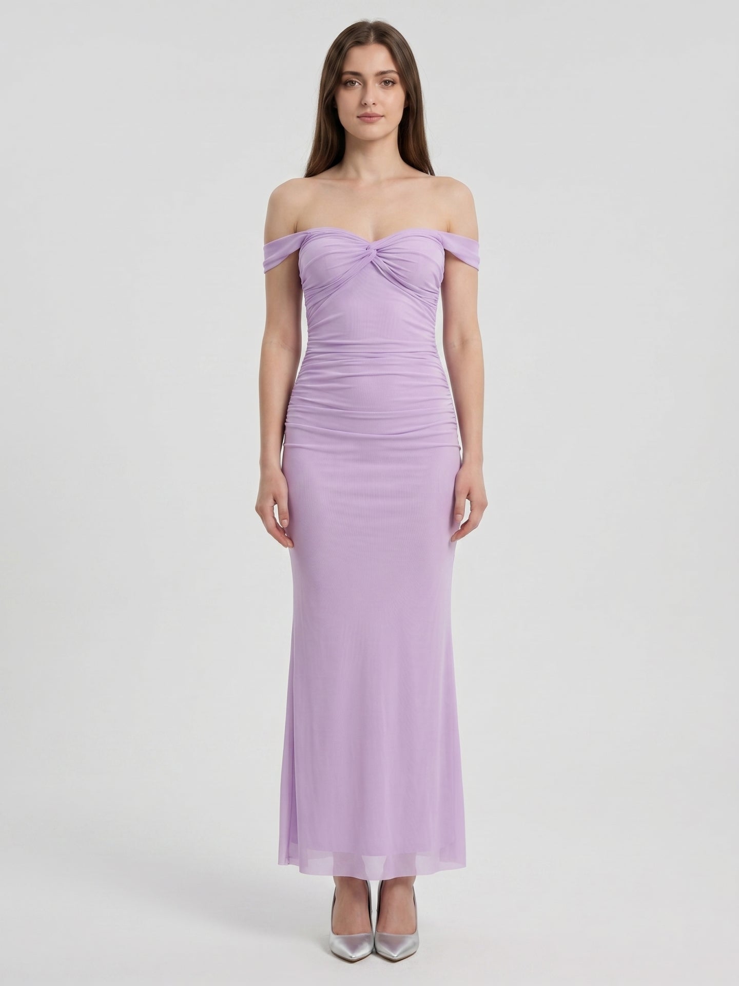 Lilac Stretch Knit Column Off-the-Shoulder Lace-up Floor-Length Bridesmaid Dress