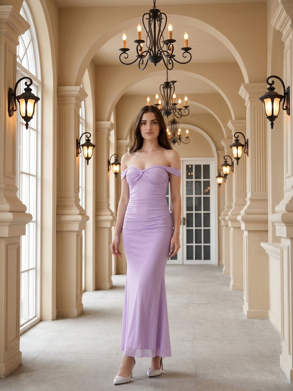 Lilac Stretch Knit Column Off-the-Shoulder Lace-up Floor-Length Bridesmaid Dress