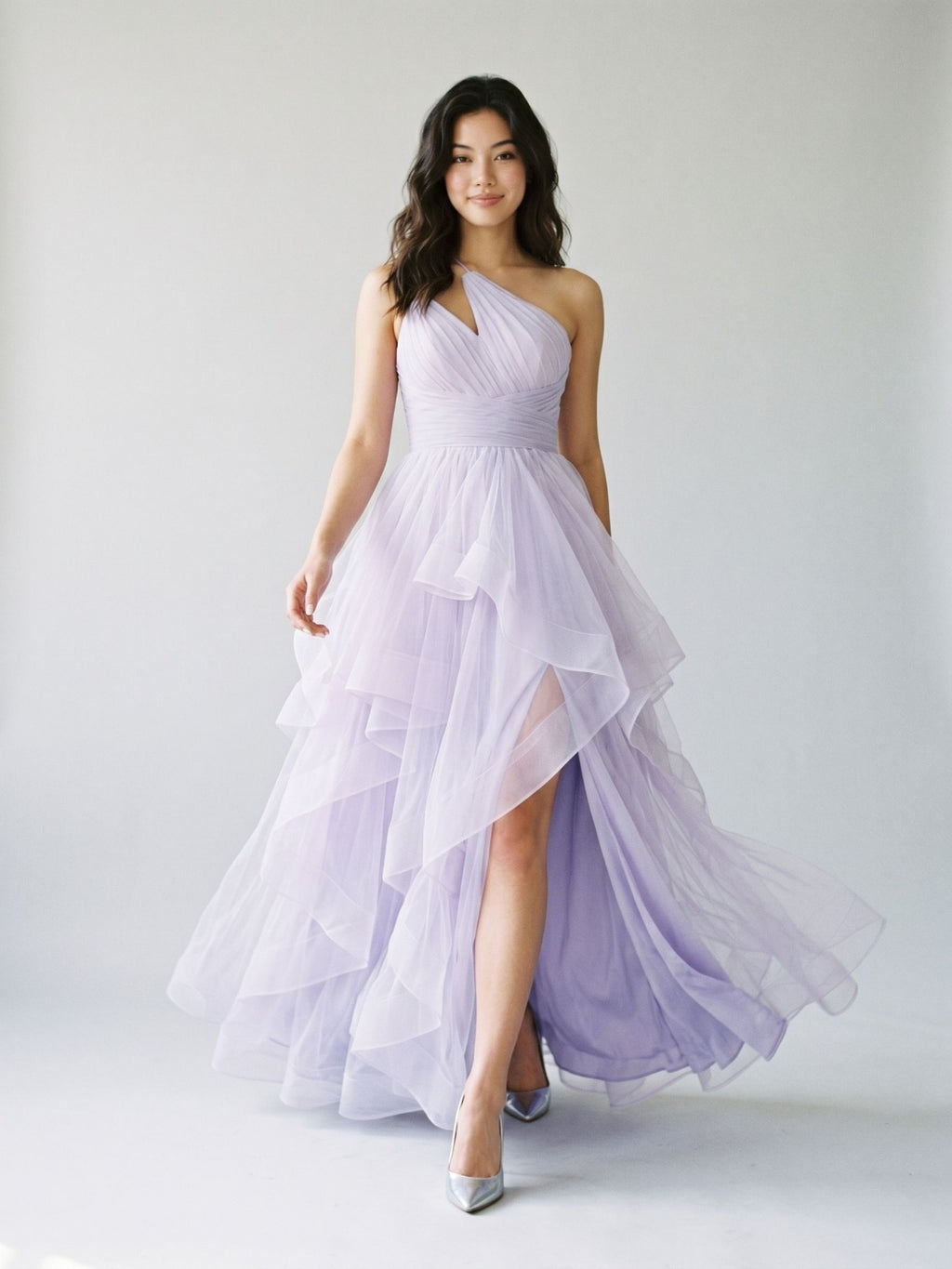 Lilac Tulle A-Line One Shoulder Back Zip Floor-Length Birthday Dress with Cascading Ruffles