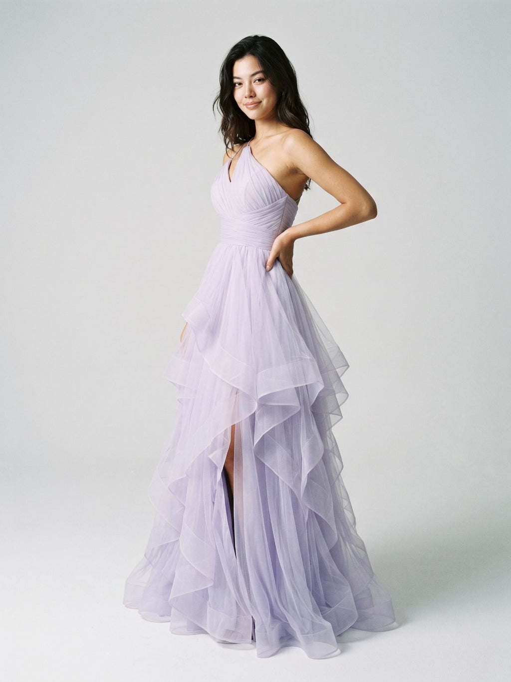 Lilac Tulle A-Line One Shoulder Back Zip Floor-Length Birthday Dress with Cascading Ruffles