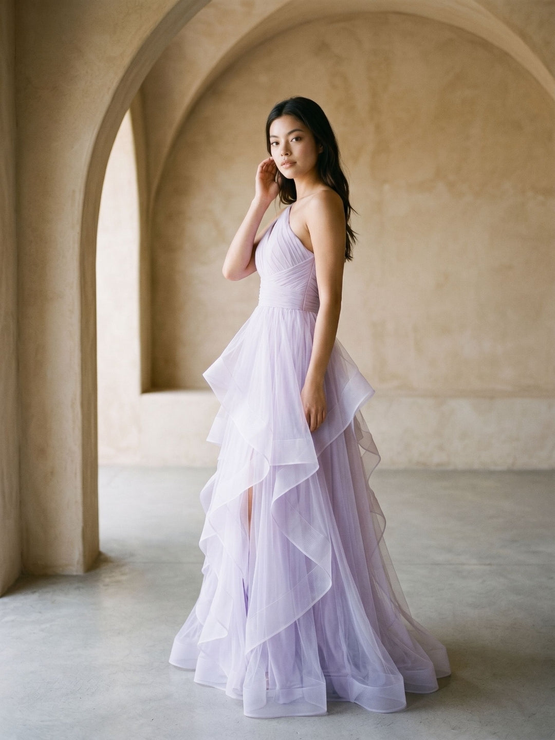 Lilac Tulle A-Line One Shoulder Back Zip Floor-Length Birthday Dress with Cascading Ruffles