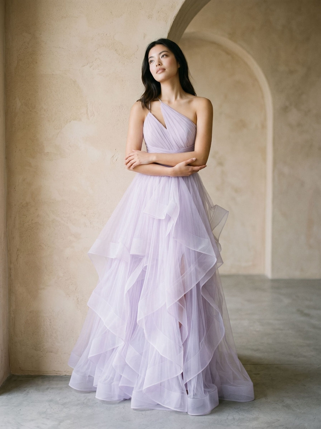Lilac Tulle A-Line One Shoulder Back Zip Floor-Length Birthday Dress with Cascading Ruffles
