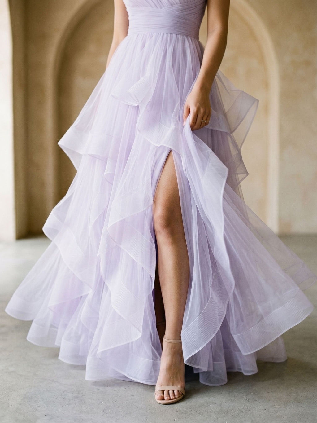Lilac Tulle A-Line One Shoulder Back Zip Floor-Length Birthday Dress with Cascading Ruffles