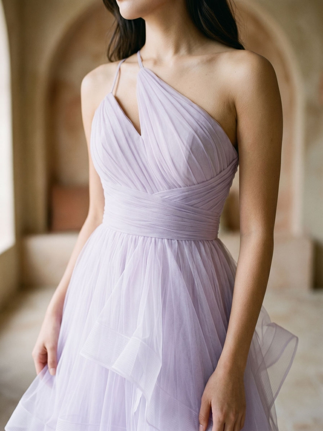Lilac Tulle A-Line One Shoulder Back Zip Floor-Length Birthday Dress with Cascading Ruffles