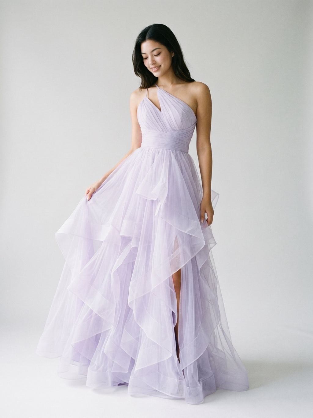 Lilac Tulle A-Line One Shoulder Back Zip Floor-Length Birthday Dress with Cascading Ruffles