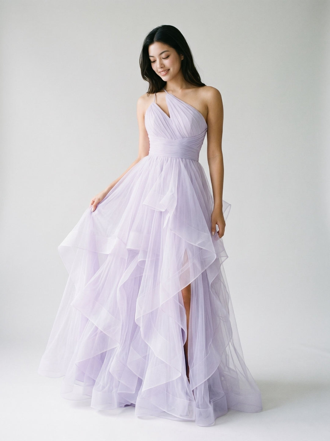 Lilac Tulle A-Line One Shoulder Back Zip Floor-Length Birthday Dress with Cascading Ruffles