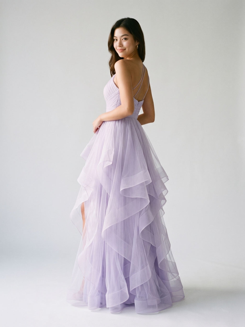 Lilac Tulle A-Line One Shoulder Back Zip Floor-Length Birthday Dress with Cascading Ruffles