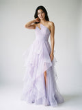 Lilac Tulle A-Line One Shoulder Back Zip Floor-Length Birthday Dress with Cascading Ruffles