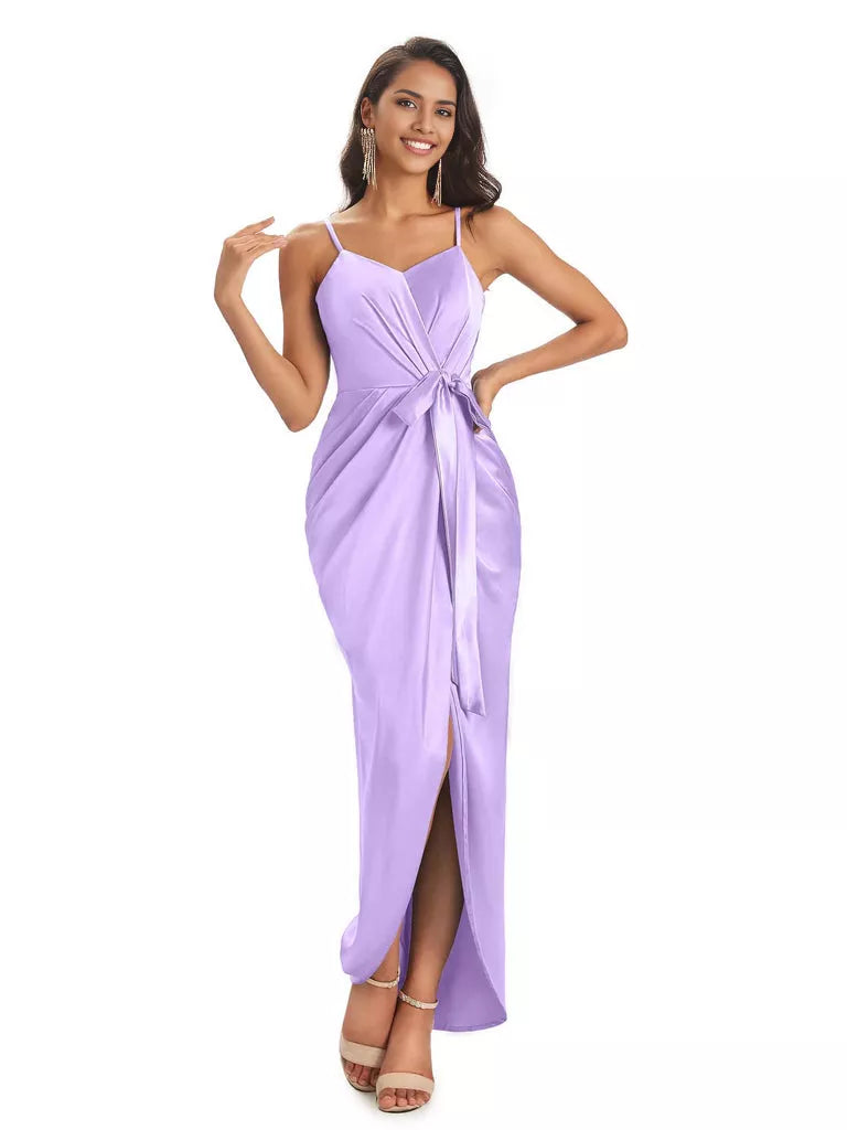 High Low Spaghetti Straps V-neck Mermaid Asymmetrical Soft Satin Bridesmaid Dresses