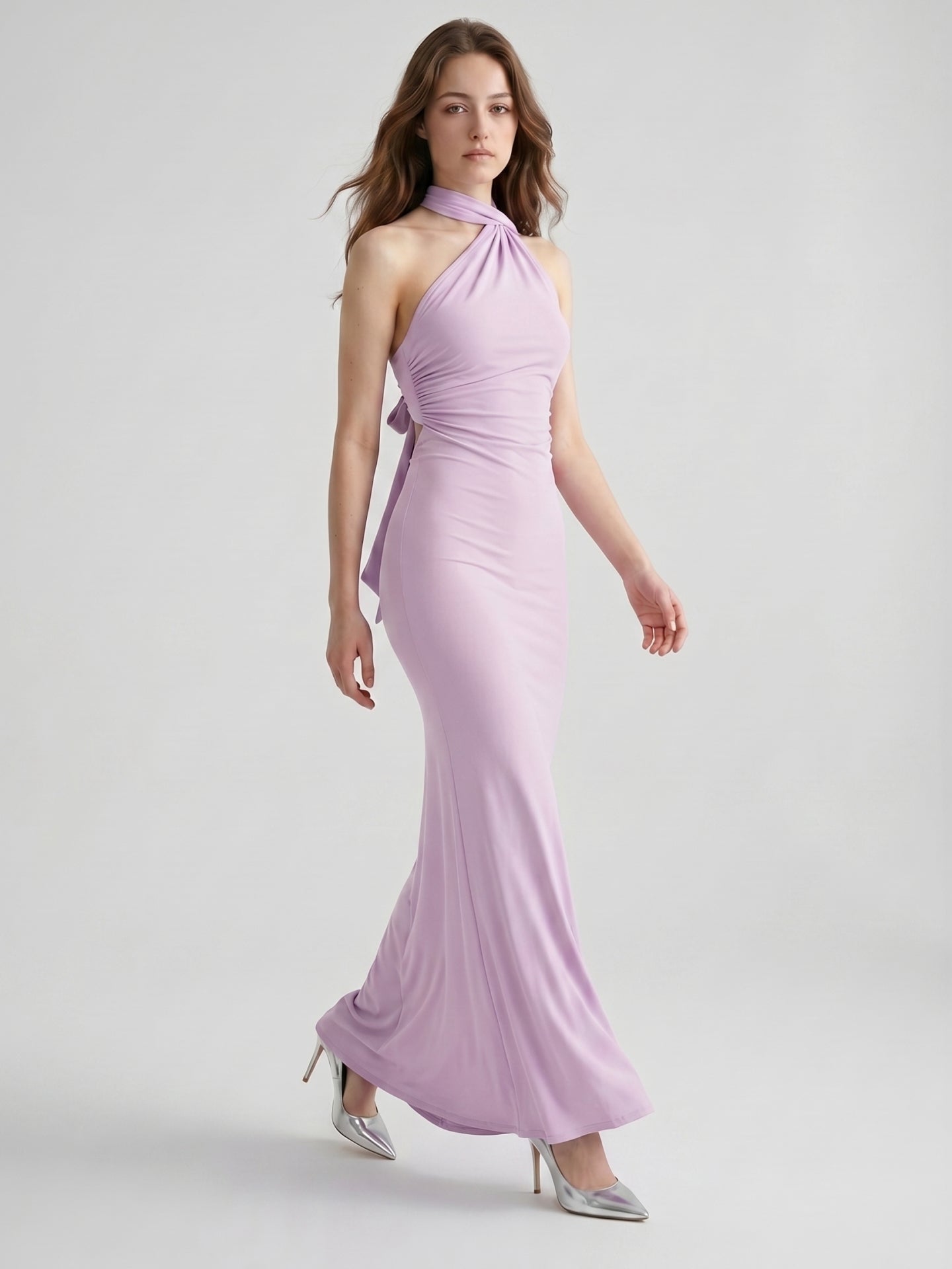 Lilac Matte Satin Mermaid Halter Neckline Backless Floor-Length Bridesmaid Dress with Bow
