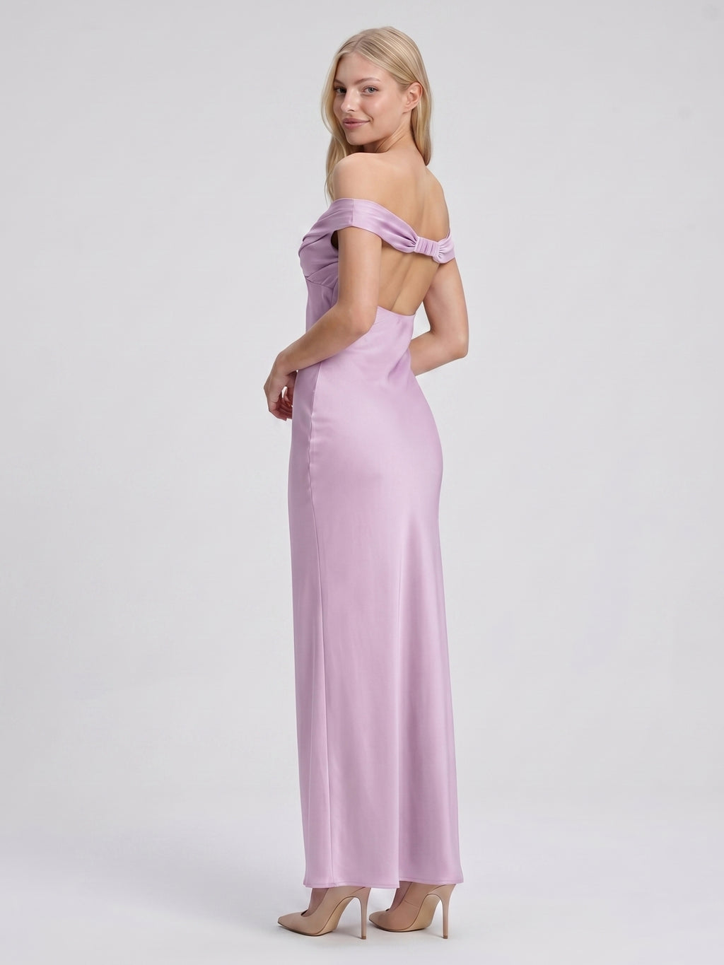 Lilac Satin Mermaid Off-the-Shoulder Backless Floor-Length Bridesmaid Dress