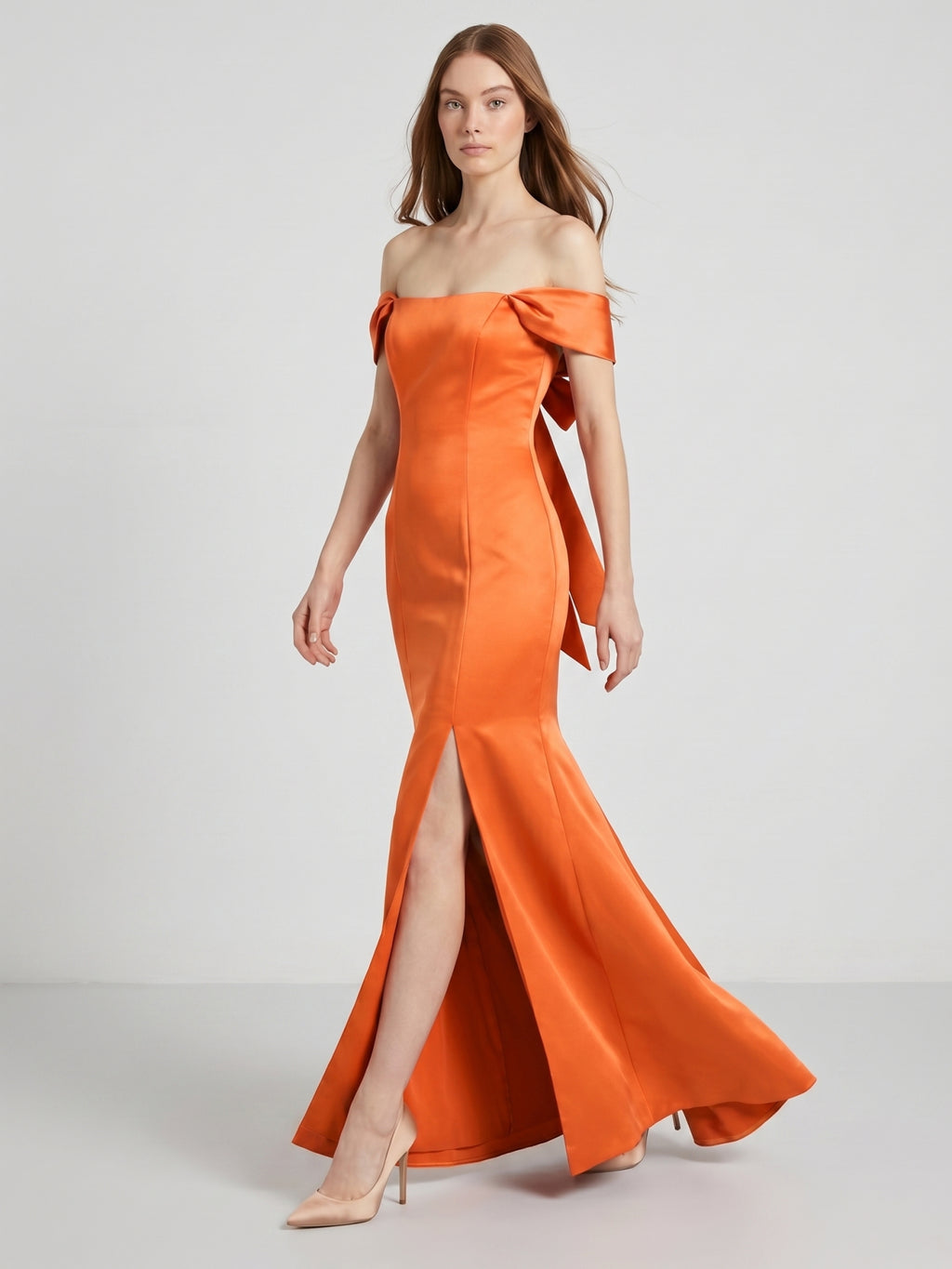 Liquid Orange Satin Trumpet Off-the-Shoulder Backless Floor-Length Bridesmaid Dress with Bow