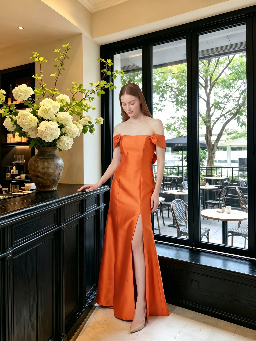Liquid Orange Satin Trumpet Off-the-Shoulder Backless Floor-Length Bridesmaid Dress with Bow
