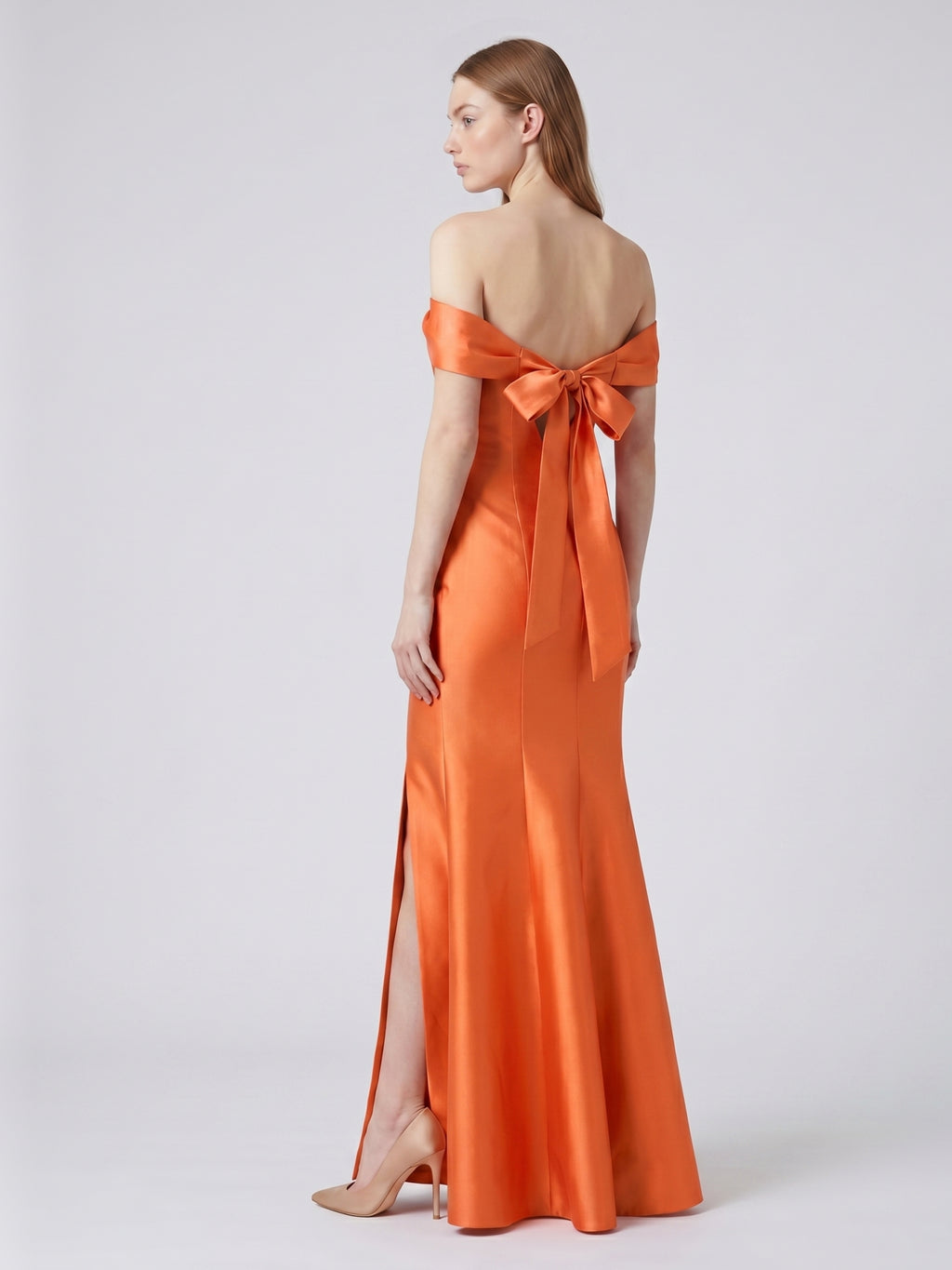Liquid Orange Satin Trumpet Off-the-Shoulder Backless Floor-Length Bridesmaid Dress with Bow