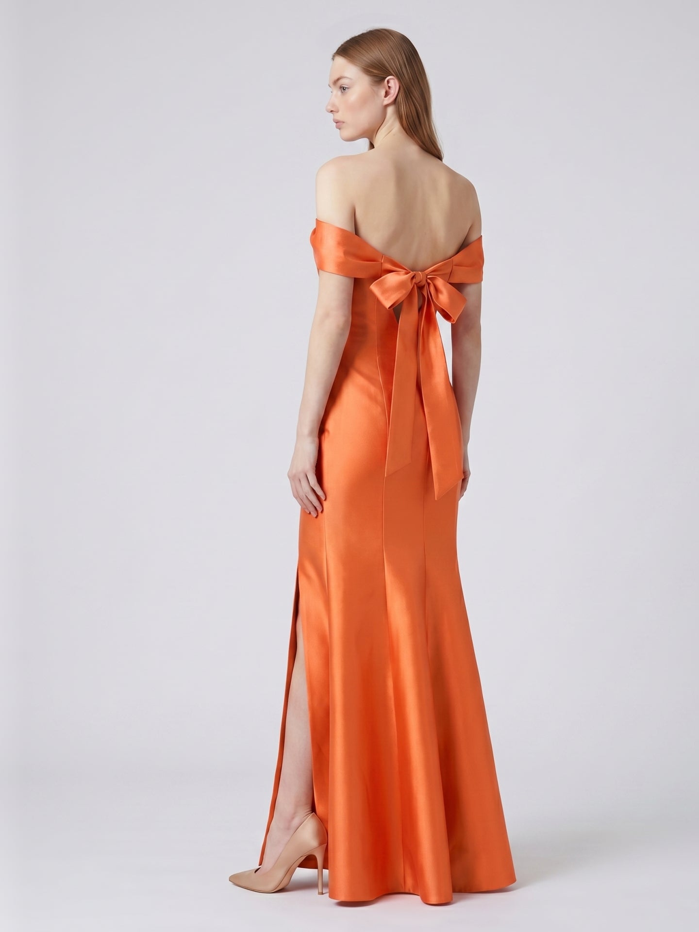 Liquid Orange Satin Trumpet Off-the-Shoulder Backless Floor-Length Bridesmaid Dress with Bow