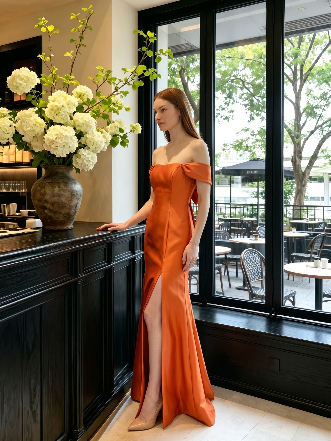 Liquid Orange Satin Trumpet Off-the-Shoulder Backless Floor-Length Bridesmaid Dress with Bow