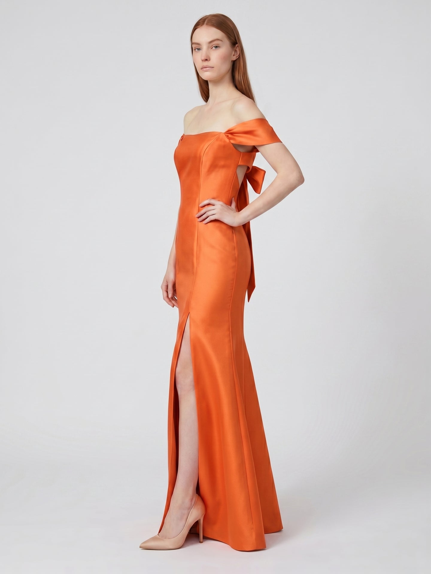 Liquid Orange Satin Trumpet Off-the-Shoulder Backless Floor-Length Bridesmaid Dress with Bow