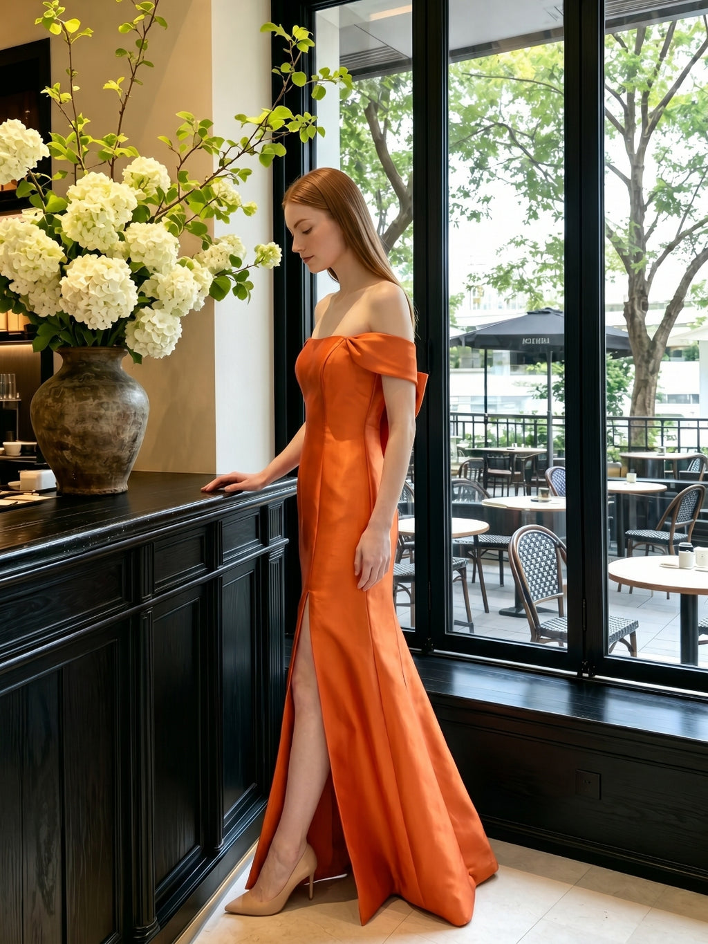 Liquid Orange Satin Trumpet Off-the-Shoulder Backless Floor-Length Bridesmaid Dress with Bow