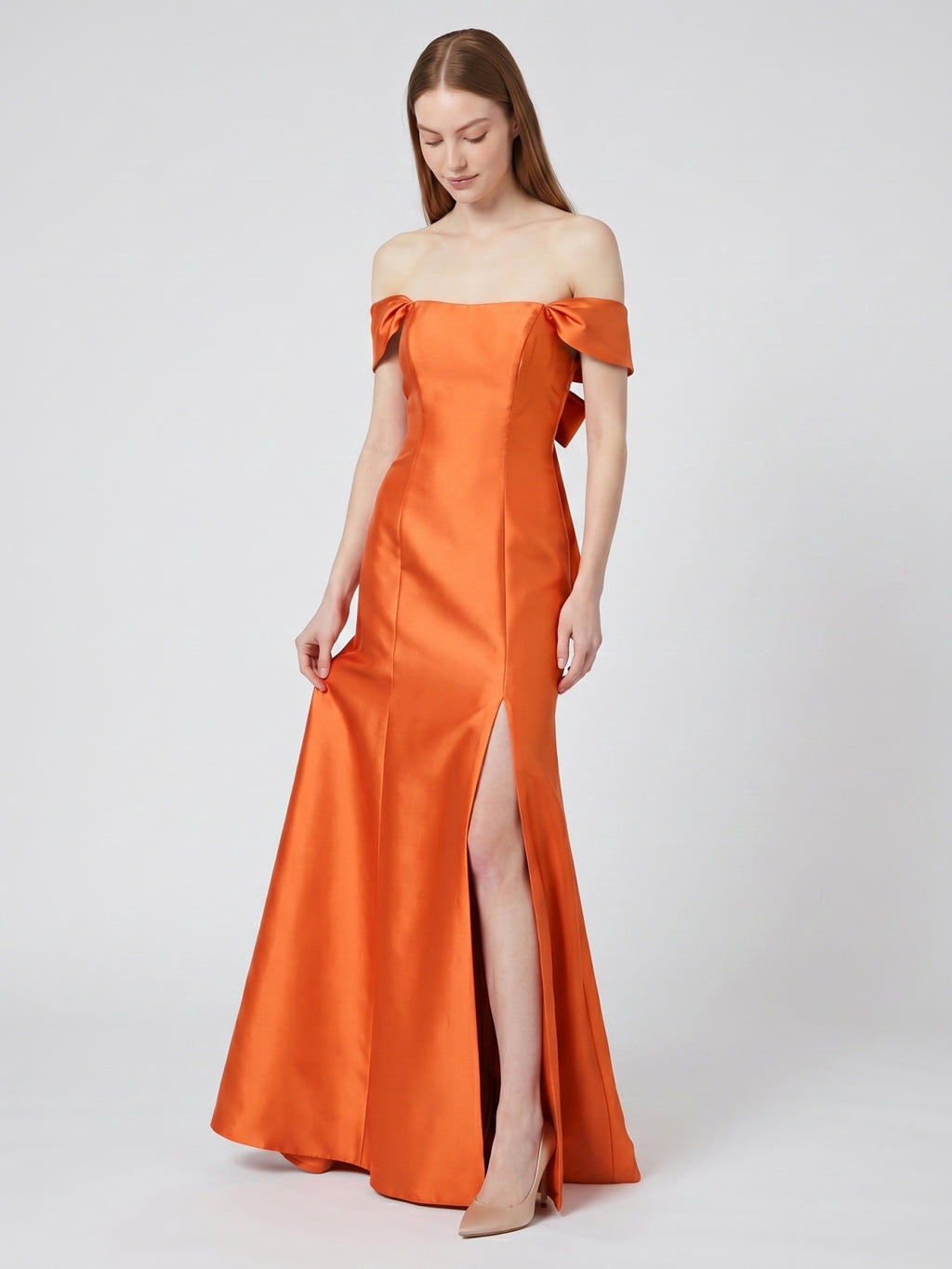 Liquid Orange Satin Trumpet Off-the-Shoulder Backless Floor-Length Bridesmaid Dress with Bow
