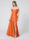 Liquid Orange Satin Trumpet Off-the-Shoulder Backless Floor-Length Bridesmaid Dress with Bow
