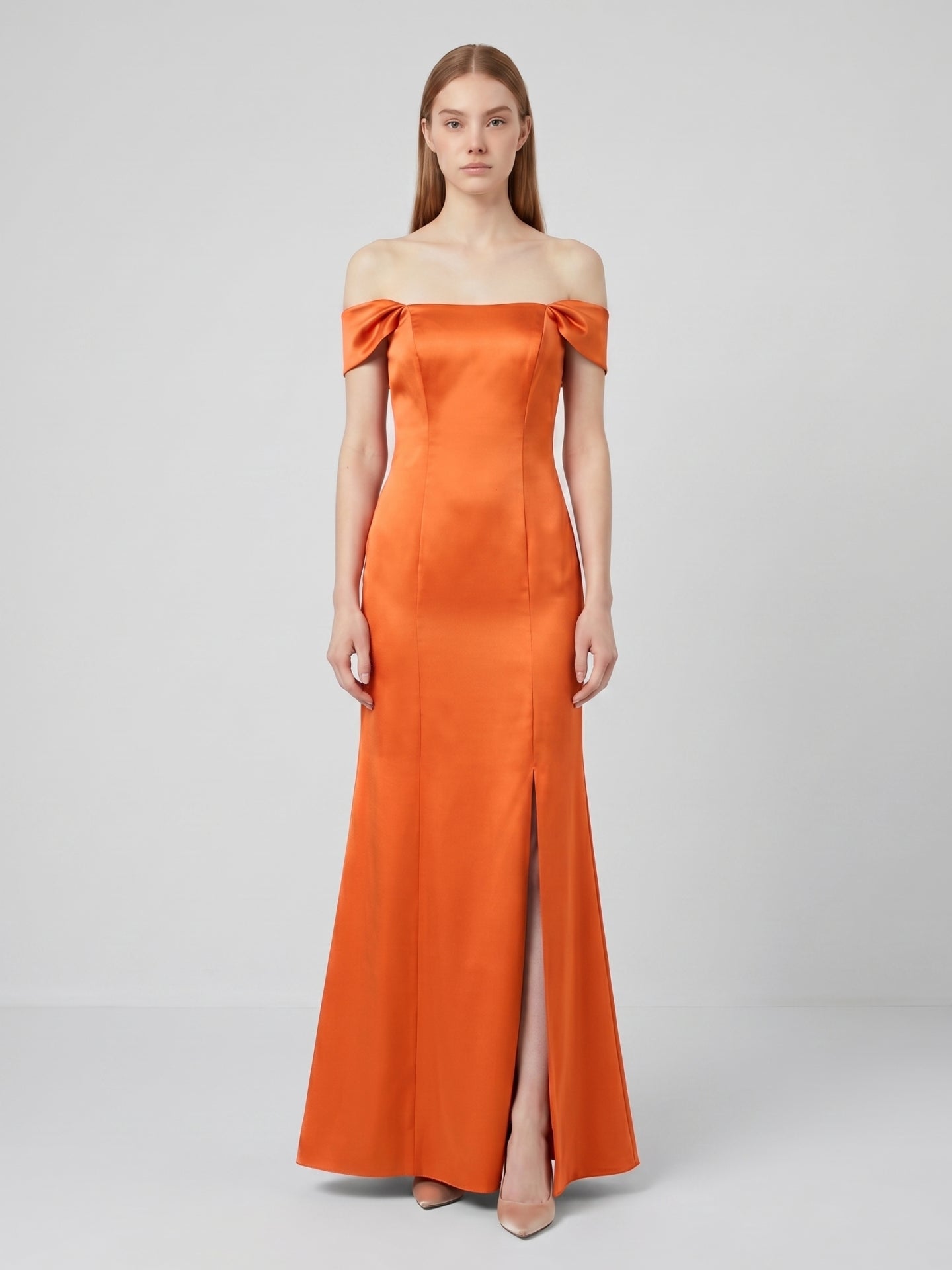 Liquid Orange Satin Trumpet Off-the-Shoulder Backless Floor-Length Bridesmaid Dress with Bow