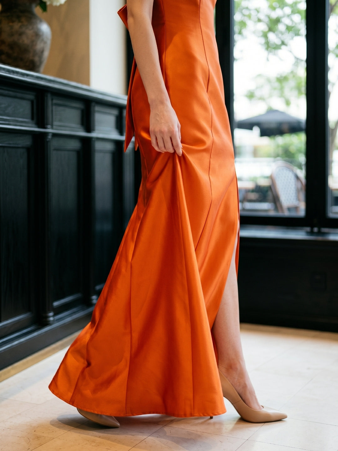 Liquid Orange Satin Trumpet Off-the-Shoulder Backless Floor-Length Bridesmaid Dress with Bow