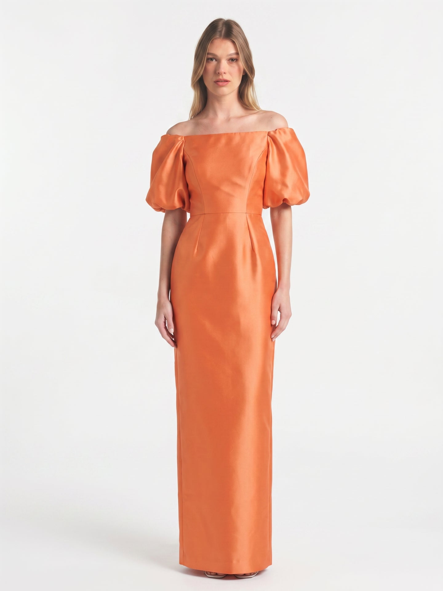 Luminous Orange Satin Sheath Straight Neck Backless Floor-Length Bridesmaid Dress with Pockets