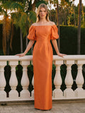 Luminous Orange Satin Sheath Straight Neck Backless Floor-Length Bridesmaid Dress with Pockets