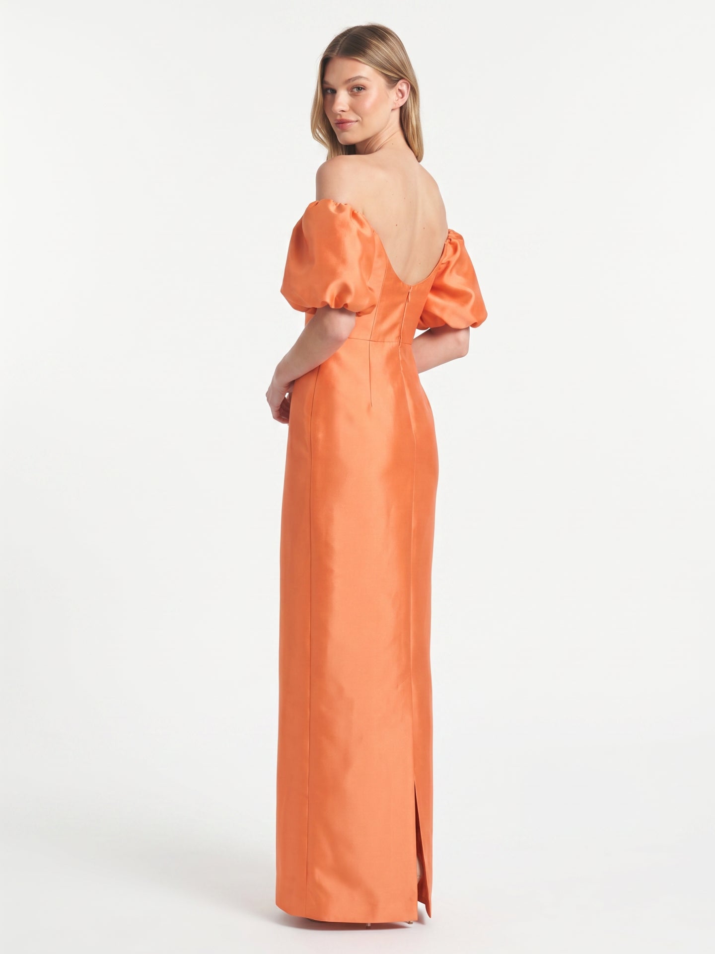 Luminous Orange Satin Sheath Straight Neck Backless Floor-Length Bridesmaid Dress with Pockets