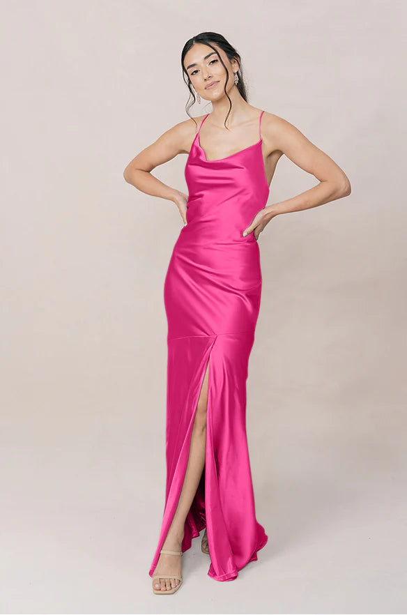 Lustrous Satin Bridesmaid Dresses with Cowl Neckline, Lace-Up Back and High Slit Skirt Formal Gown