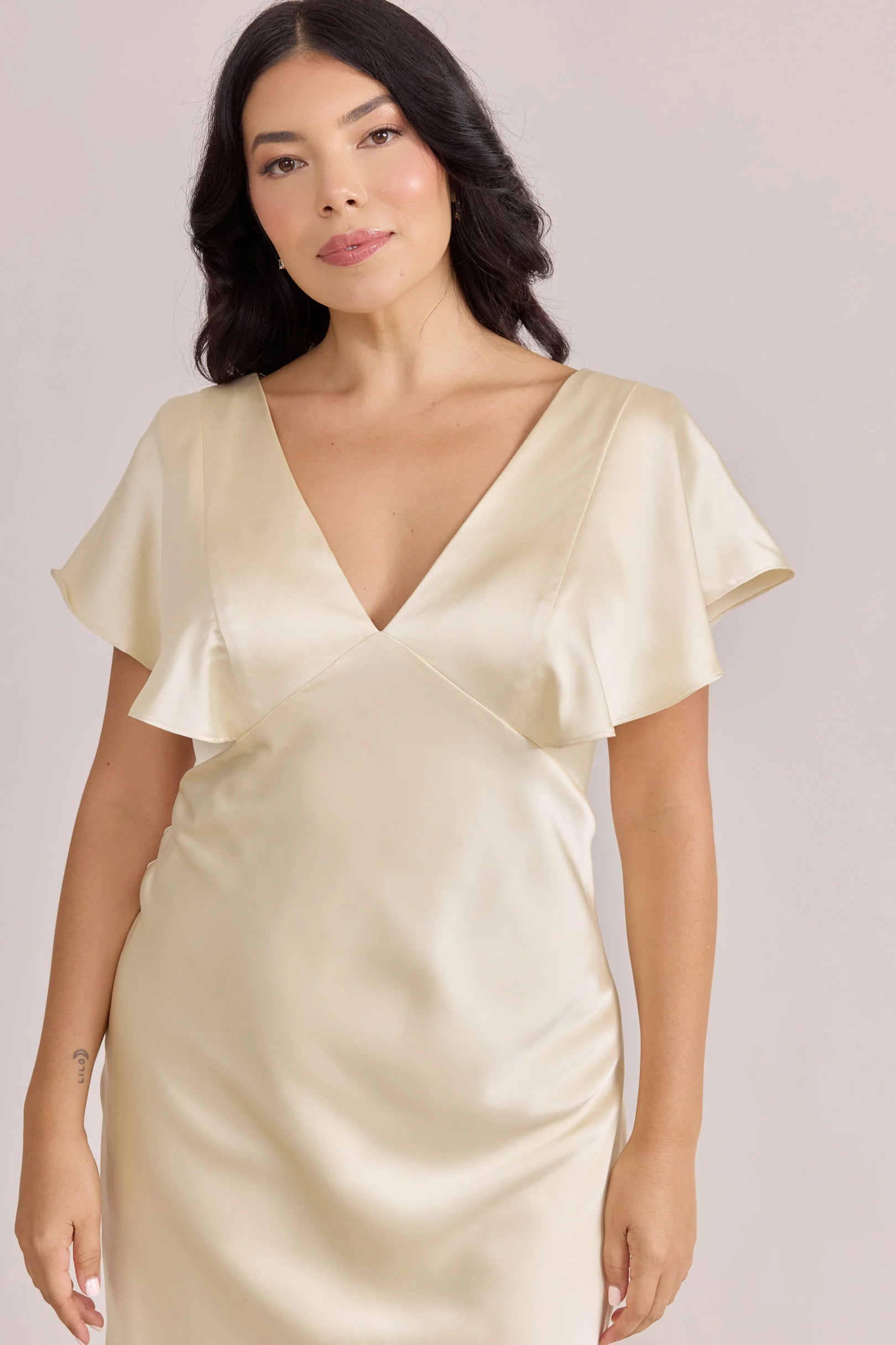 Lustrous Satin V-neck Flutter Sleeve Open Back Floor-length Champagne Bridesmaid Dress