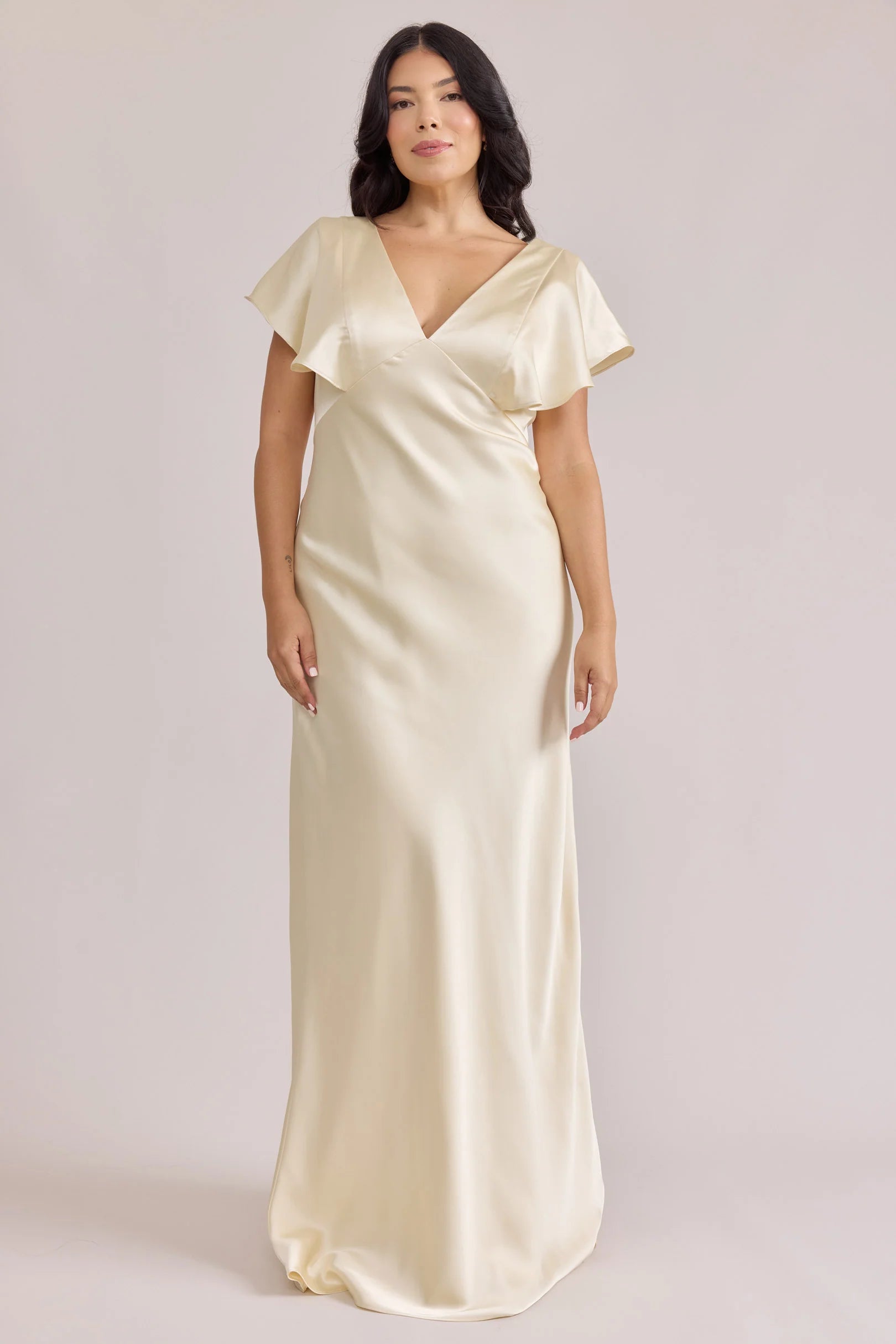 Lustrous Satin V-neck Flutter Sleeve Open Back Floor-length Champagne Bridesmaid Dress