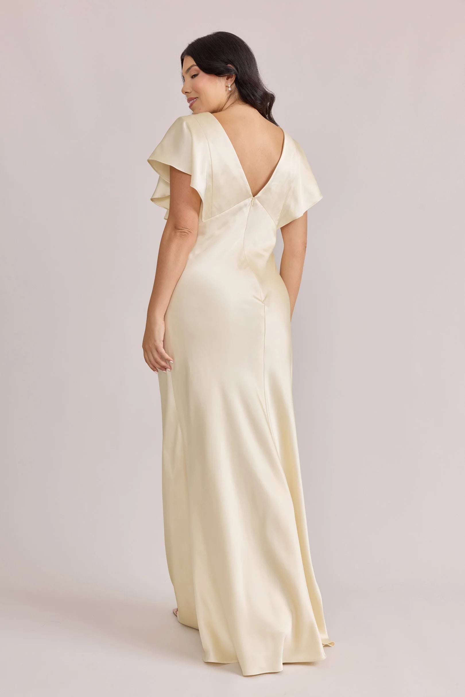 Lustrous Satin V-neck Flutter Sleeve Open Back Floor-length Champagne Bridesmaid Dress