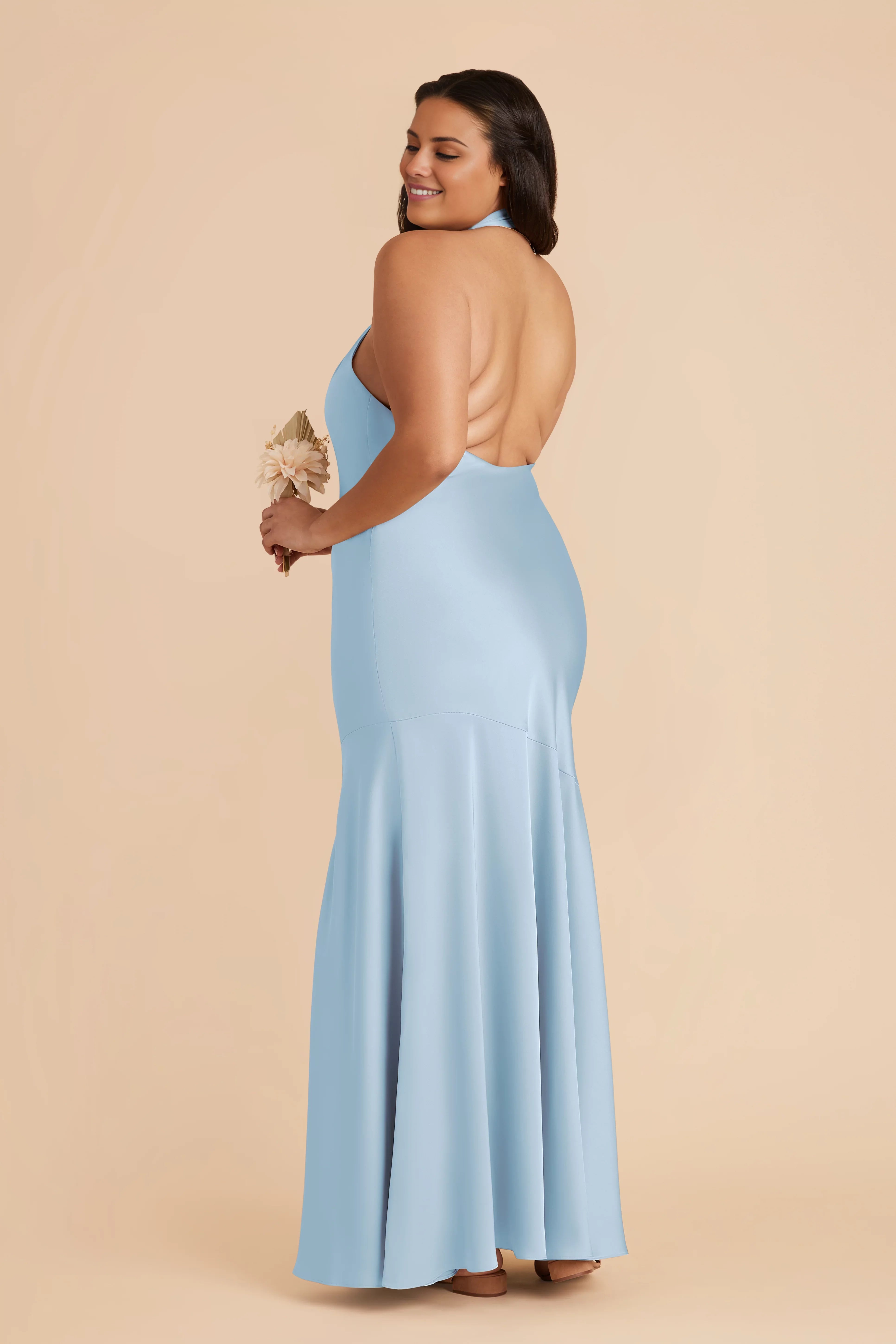 Lustrous Sky Blue Satin Crisscross Halter Mermaid Maxi Bridesmaid Dress with Open Back & Side Slit