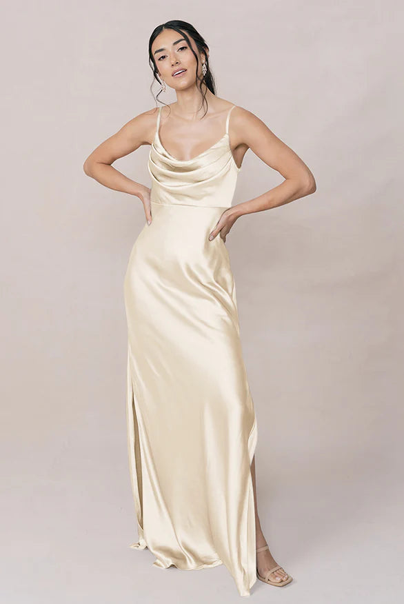 Romantic Satin Cowl Neck Spaghetti Strap Side Slit Floor-length Champagne Bridesmaid Dress