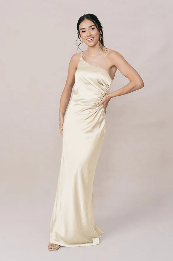 Lustrous Satin One-shoulder Ruched Side Slit Floor-length Champagne Bridesmaid Dress