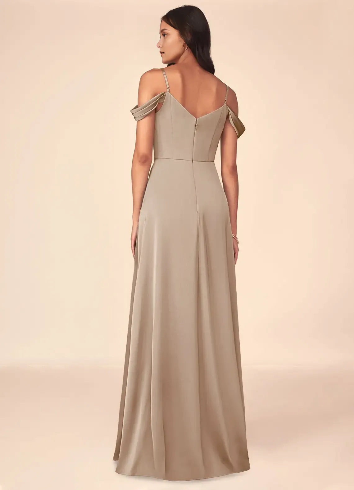 Luxe A-Line Cold-Shoulder Strap Sleeve V Back Floor Length Bridesmaid Dress