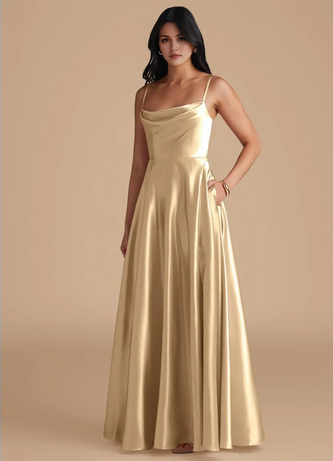 Luxe A-Line Satin Cowl Square Neck Spaghetti Strap Zipper Back Floor Length Bridesmaid Dress