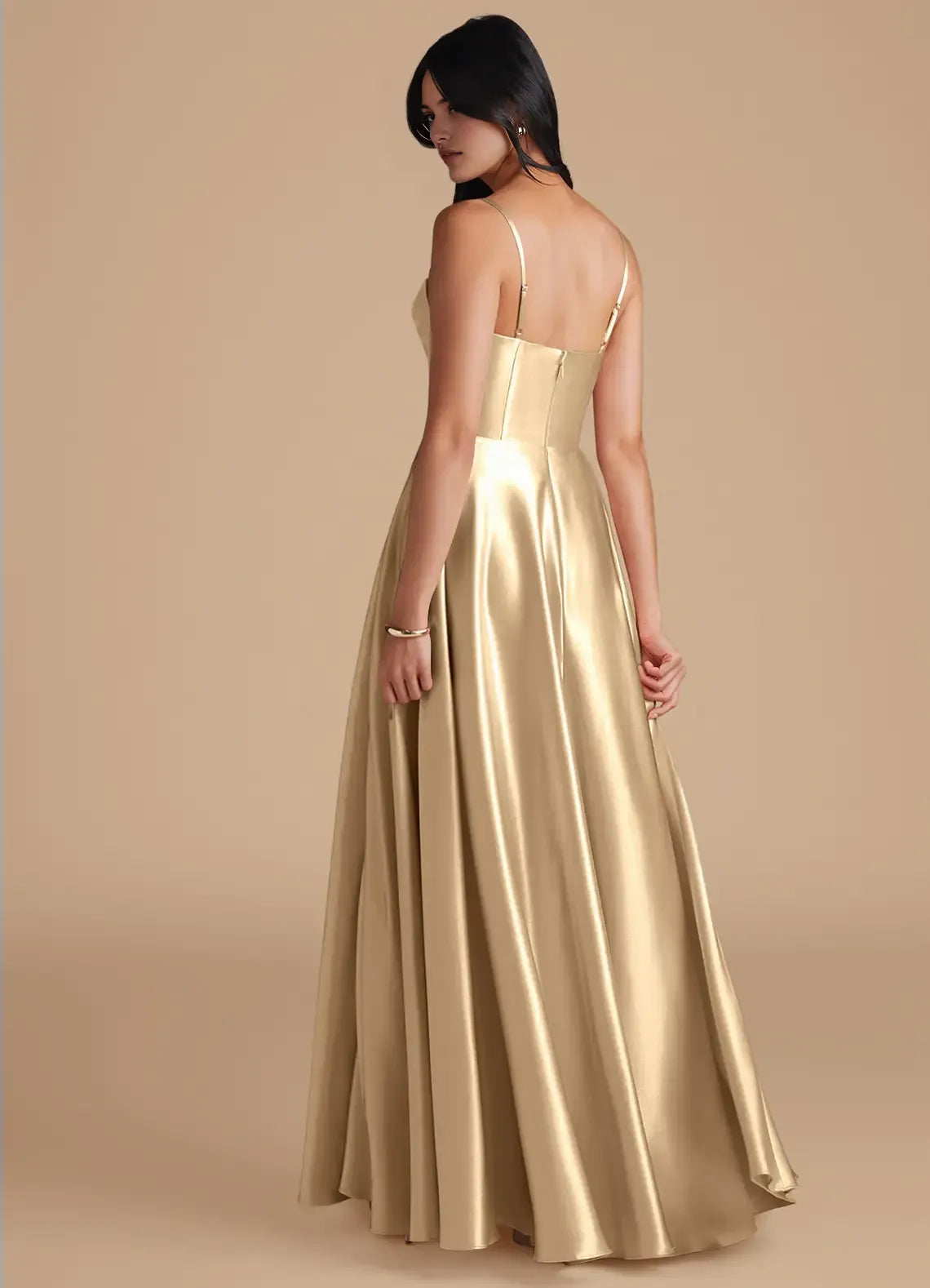 Luxe A-Line Satin Cowl Square Neck Spaghetti Strap Zipper Back Floor Length Bridesmaid Dress