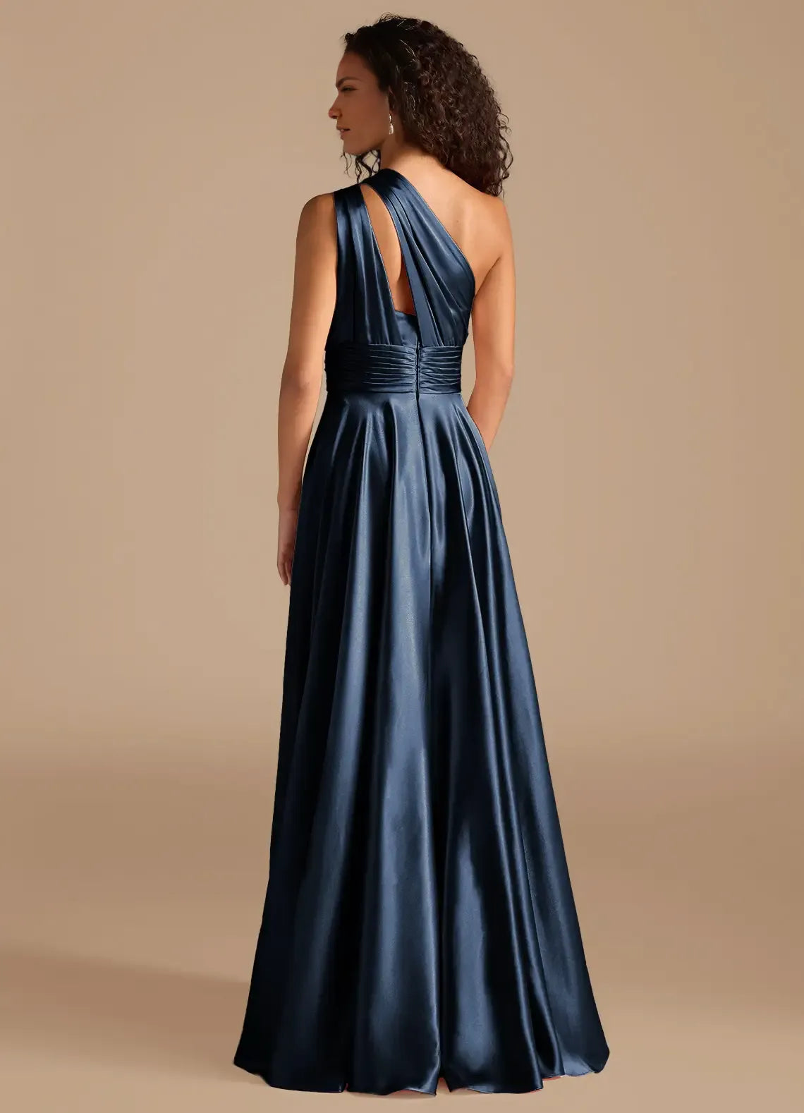 Luxe A-Line Satin One Shoulder Sleeveless Cut Out Back Floor Length Bridesmaid Dress