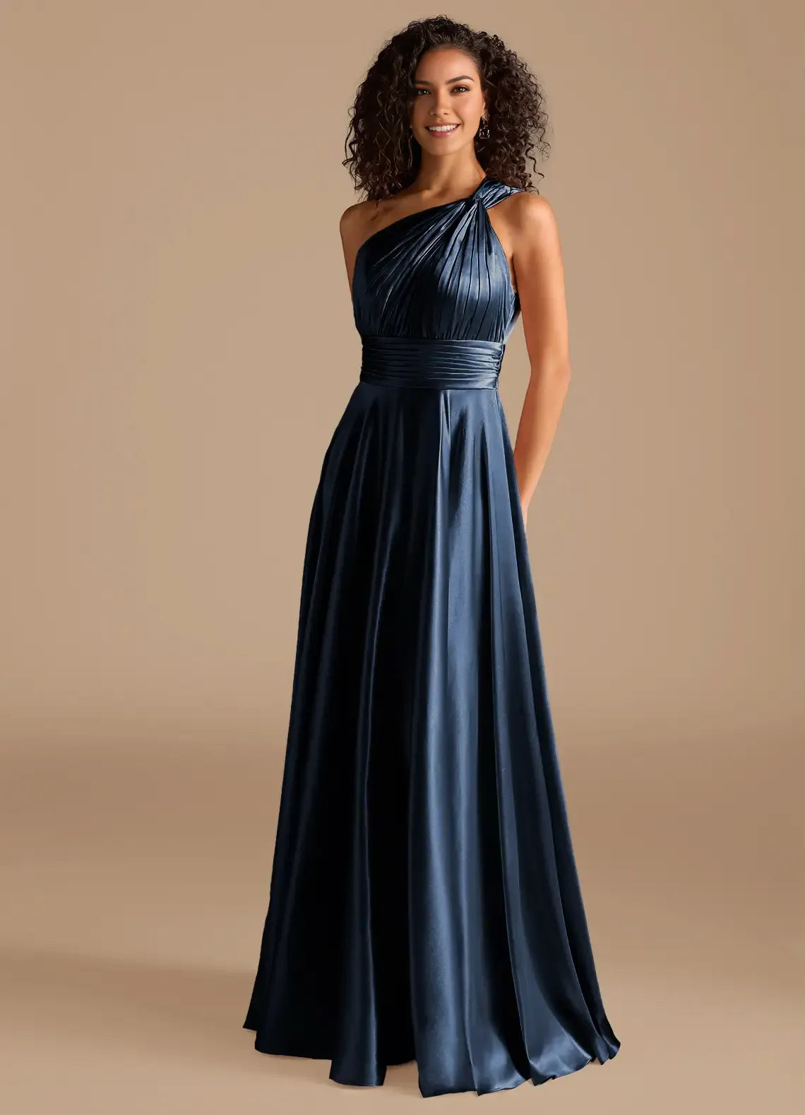 Luxe A-Line Satin One Shoulder Sleeveless Cut Out Back Floor Length Bridesmaid Dress
