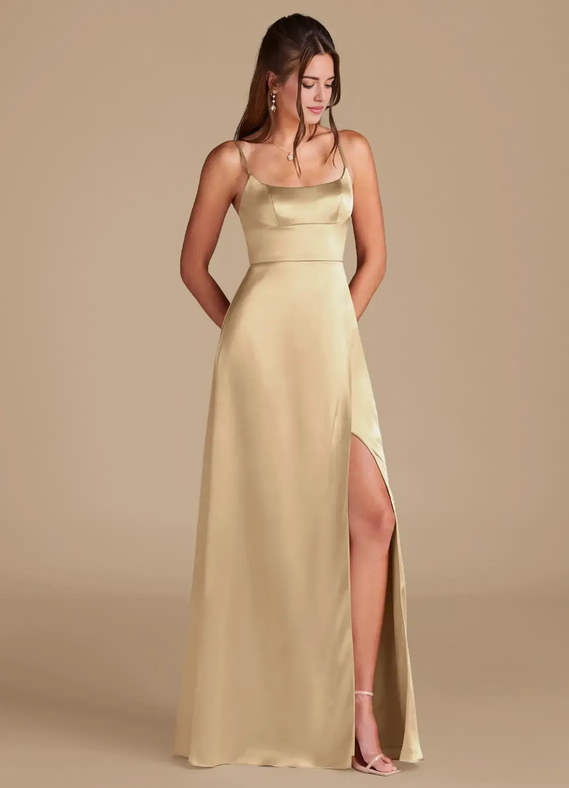 Luxe A-Line Satin Square Neck Spaghetti Strap Button Back Floor Length Bridesmaid Dress
