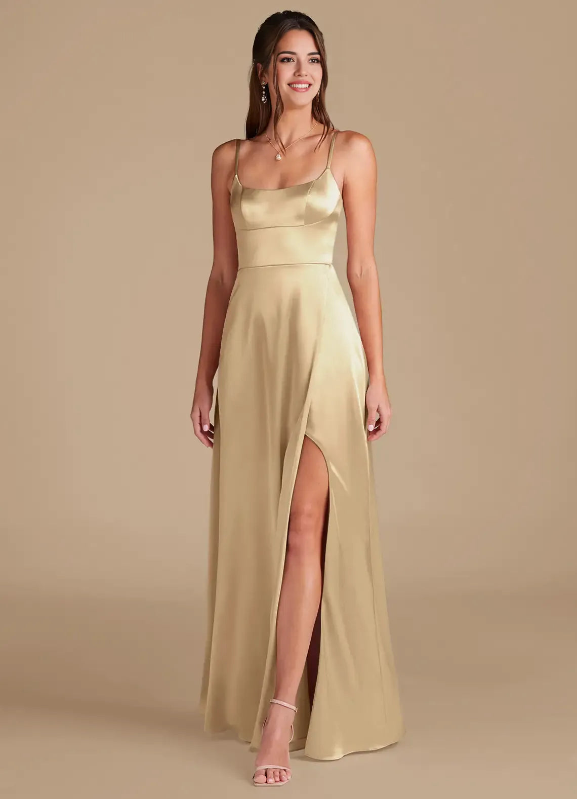 Luxe A-Line Satin Square Neck Spaghetti Strap Button Back Floor Length Bridesmaid Dress