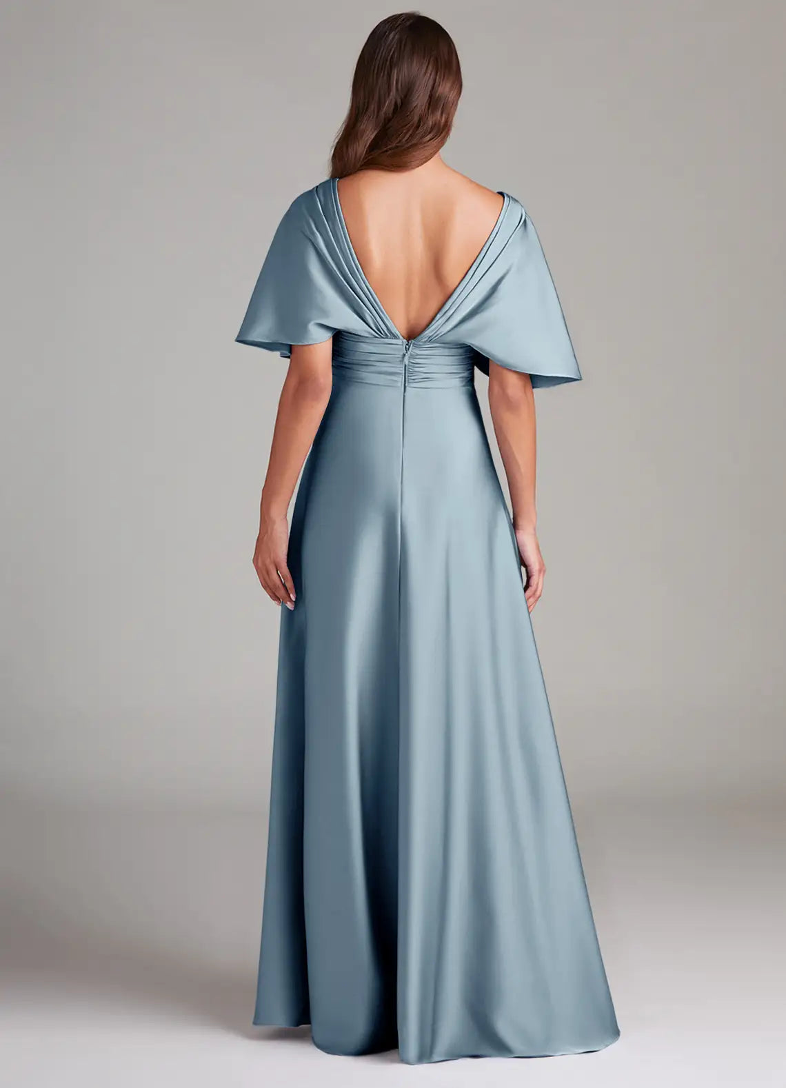 Luxe A-Line Satin V Neck Cape Sleeve Deep V Back Floor Length Bridesmaid Dress