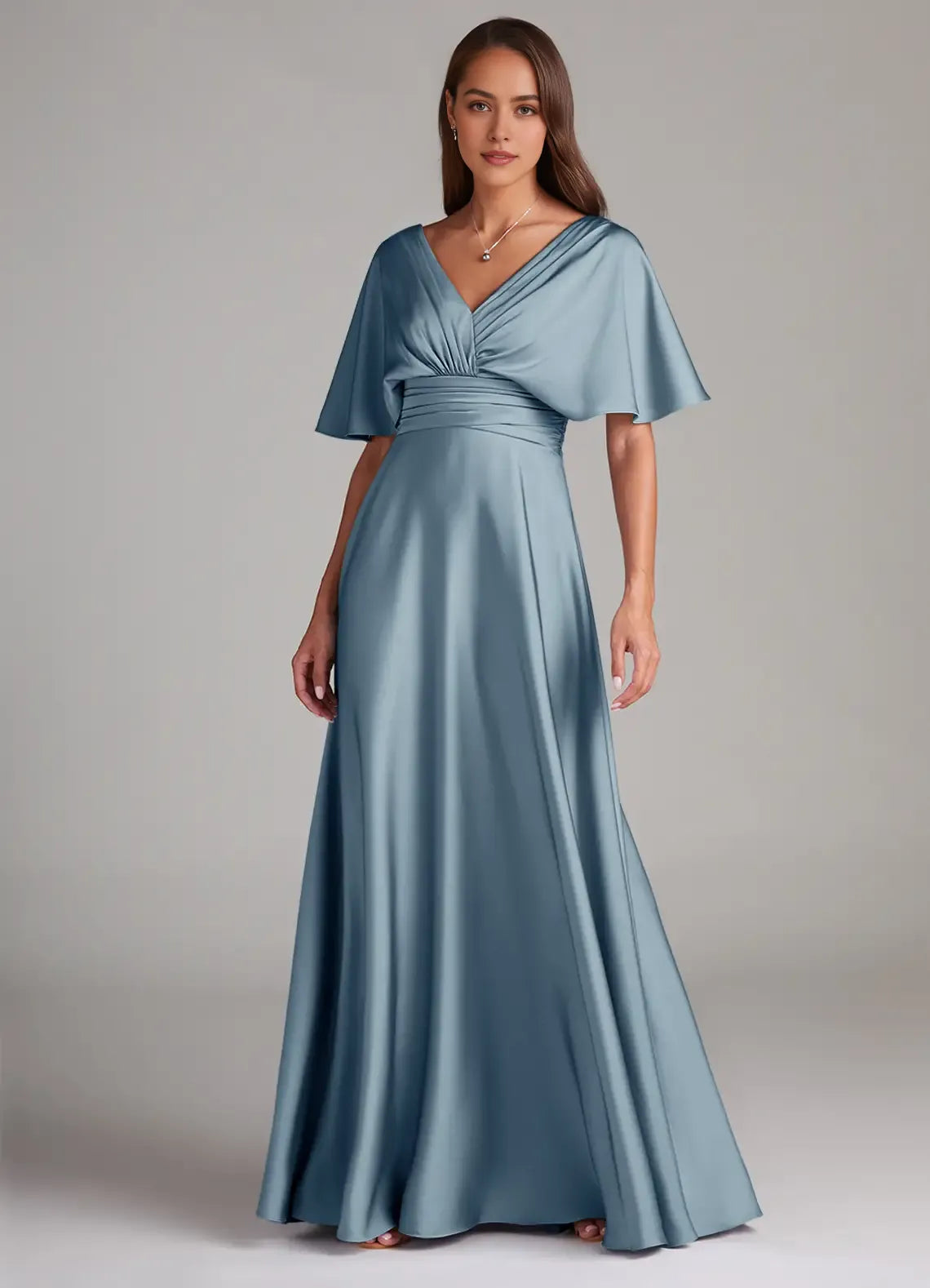 Luxe A-Line Satin V Neck Cape Sleeve Deep V Back Floor Length Bridesmaid Dress
