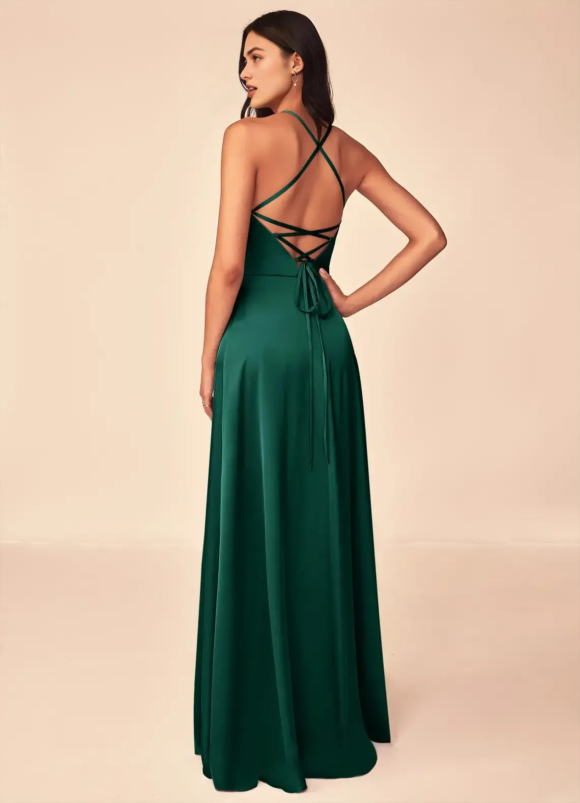 Luxe A-Line Satin V Neck Sleeveless Lace Up Back Floor Length Bridesmaid Dress