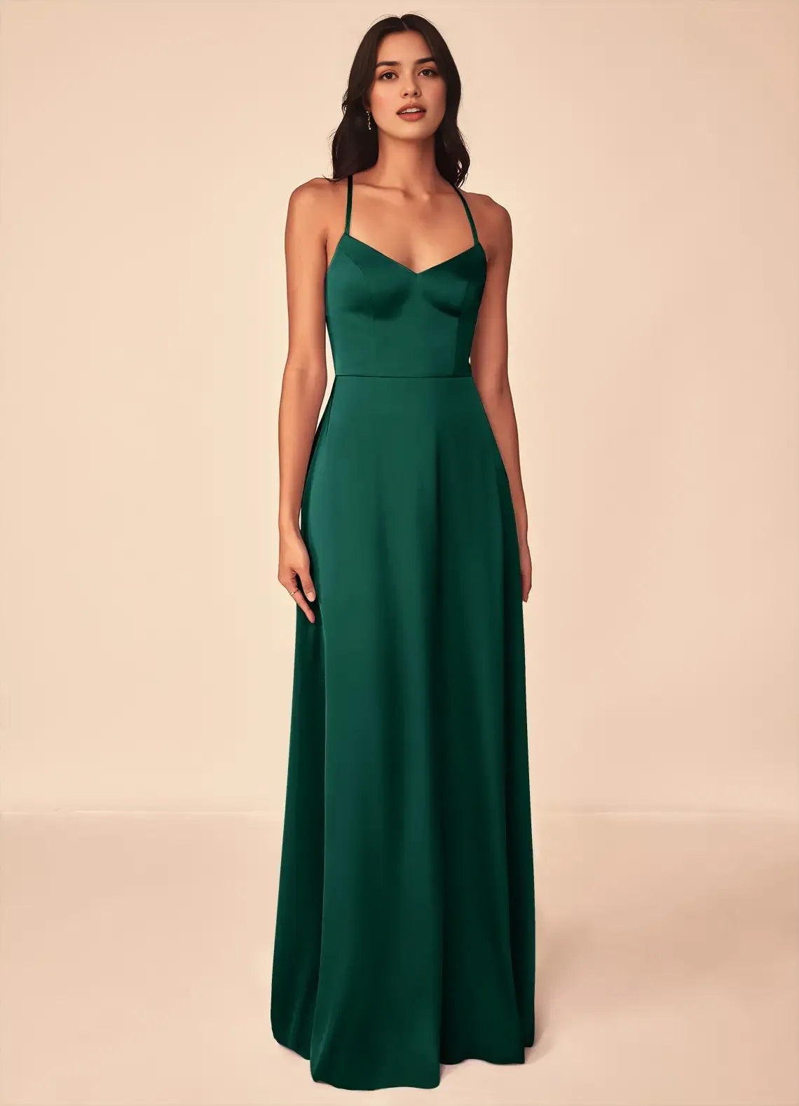 Luxe A-Line Satin V Neck Sleeveless Lace Up Back Floor Length Bridesmaid Dress