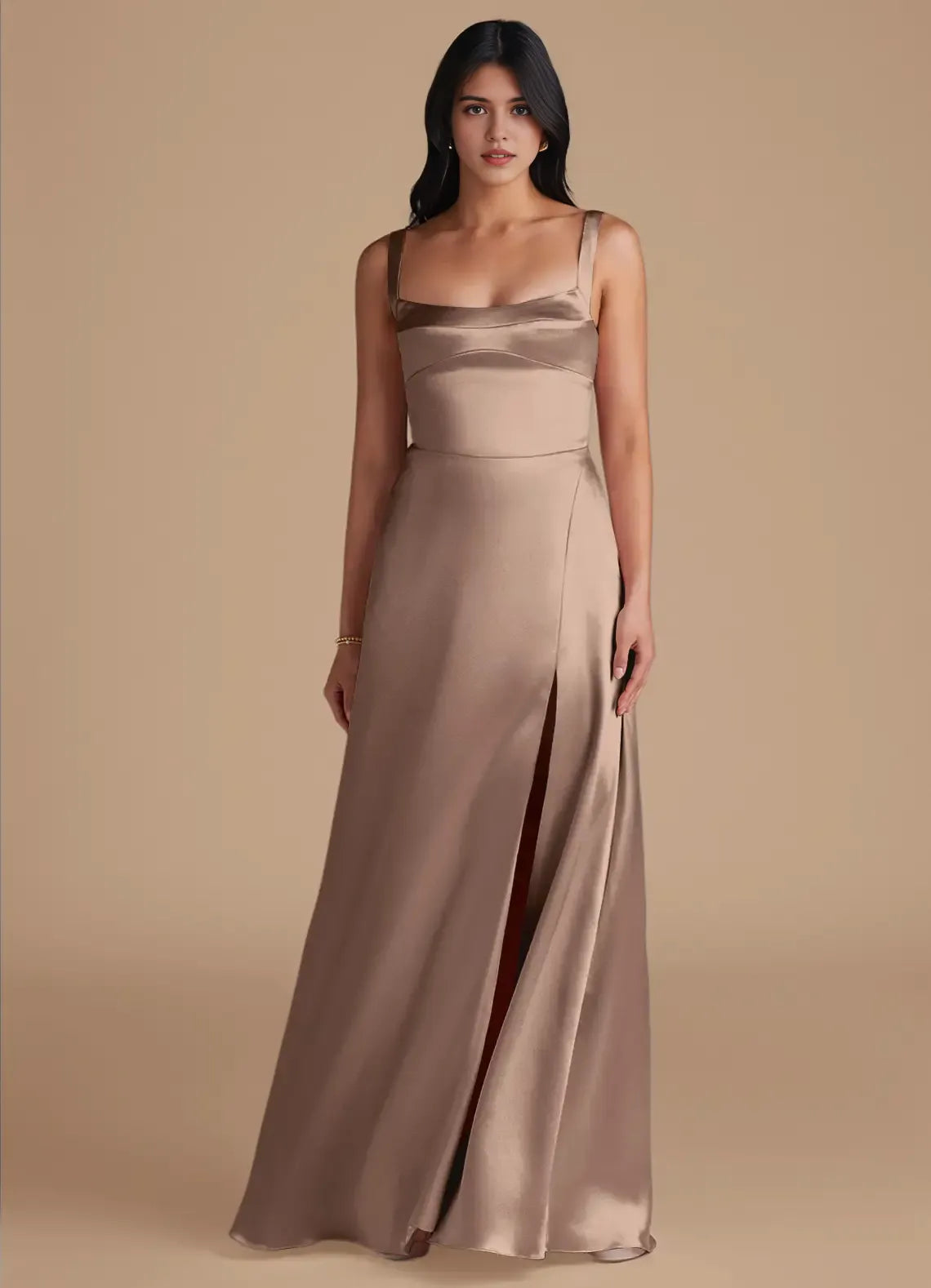 Luxe A-Line Square Neck Sleeveless V Back Floor Length Bridesmaid Dress