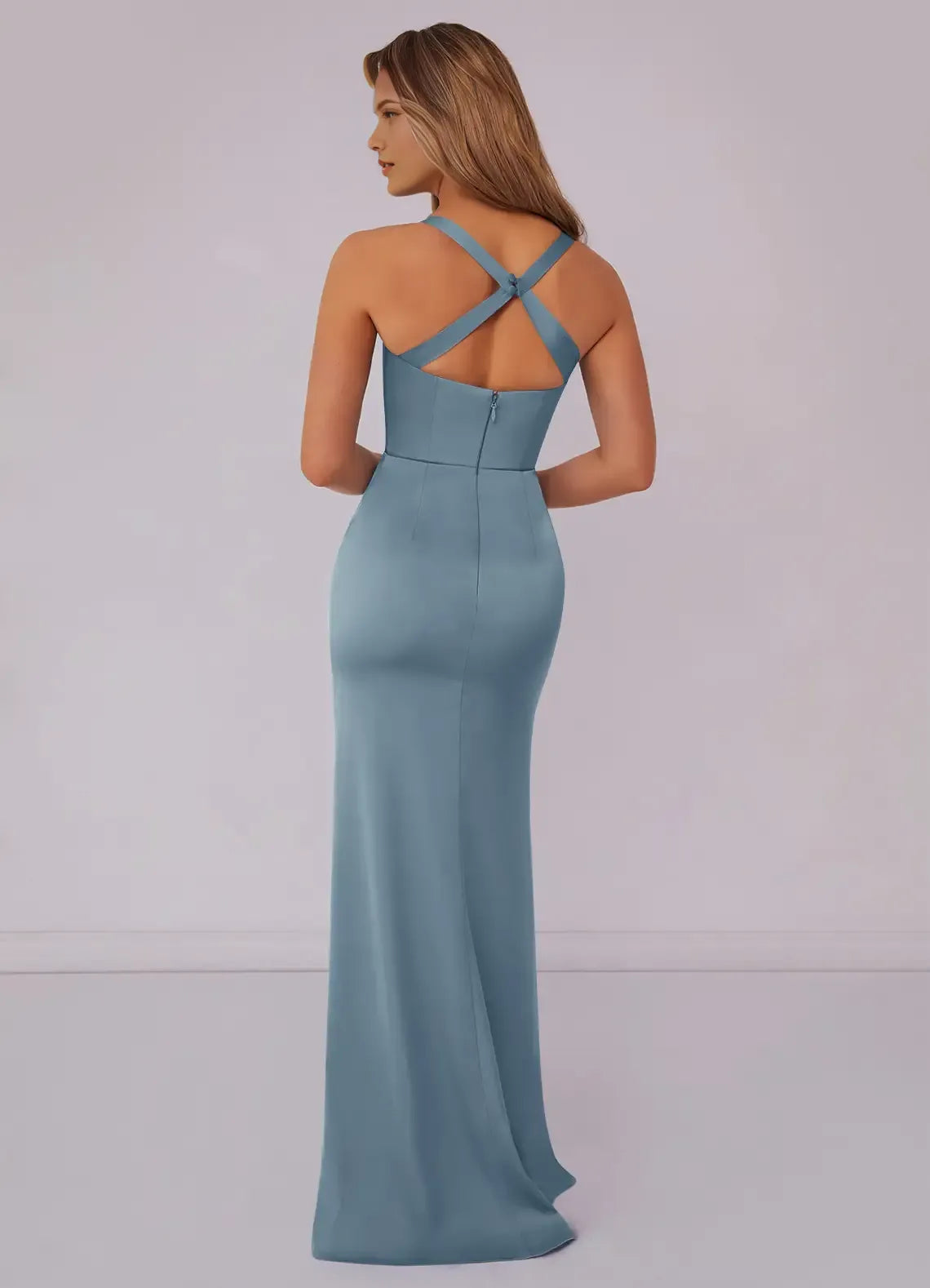 Luxe Mermaid Asymmetric Neck Sleeveless Cross Back Floor Length Bridesmaid Dress